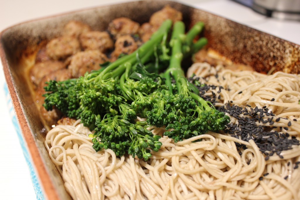 Sticky sesame pork meatballs with soba noodles