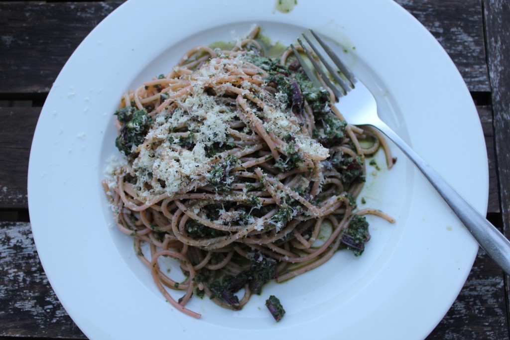 Beetroot leaf and basil pesto pasta