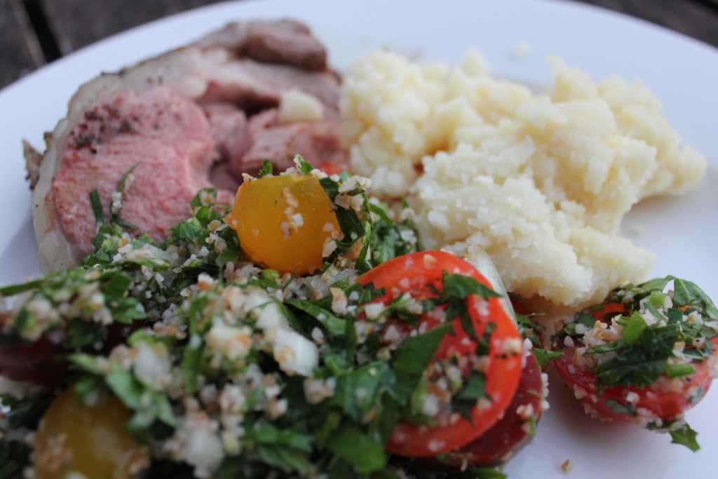 Za’atar and sumac marinated lamb with skordalia and tabbouleh