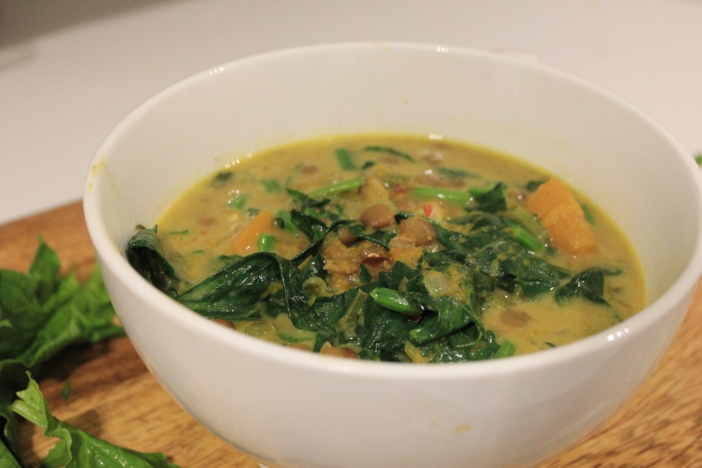 Coconut, pumpkin, spinach and lentil soup